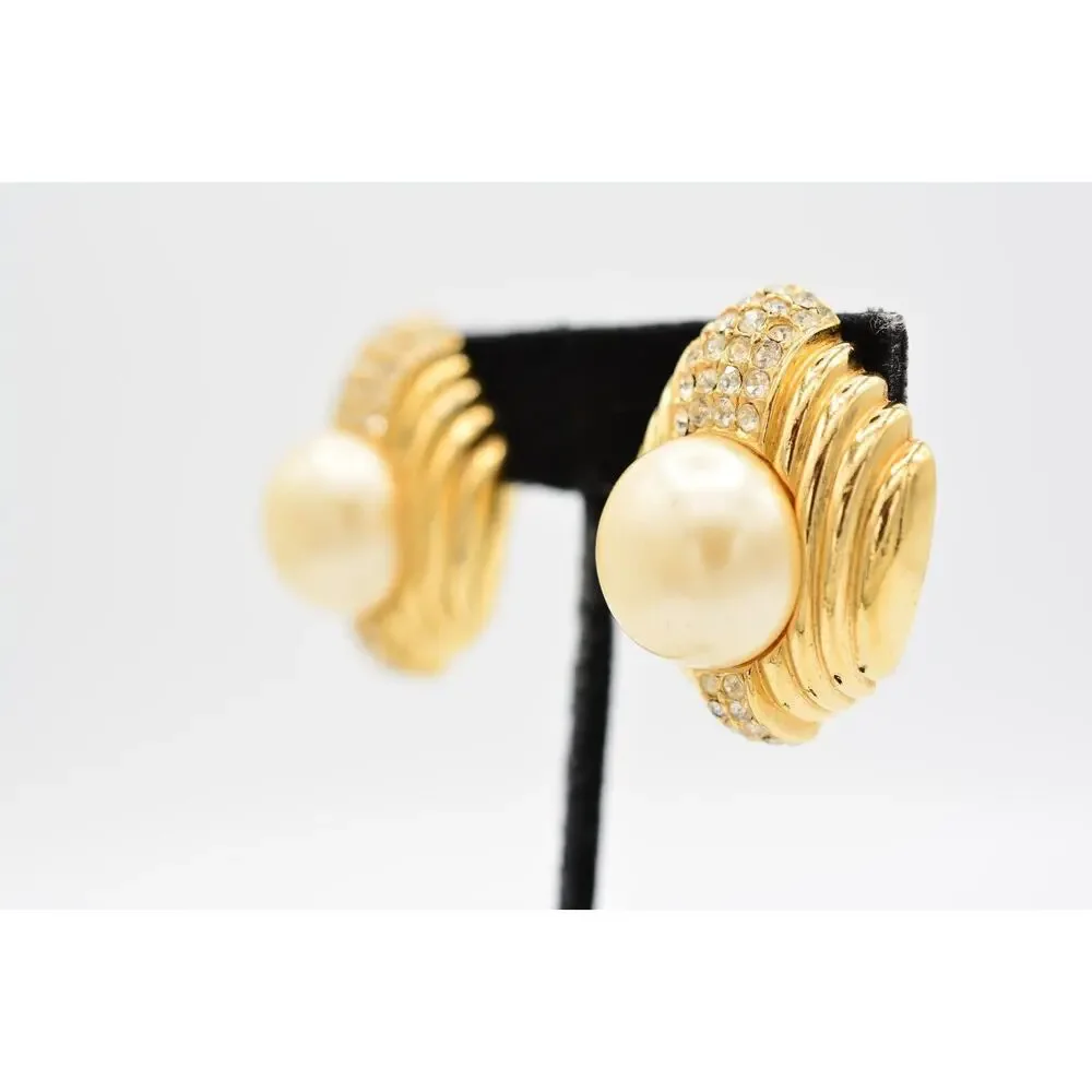 Ciner Vintage Crystal Clip On Earrings Pearl Gold Bold Chunky Heavy Signed BinAG
